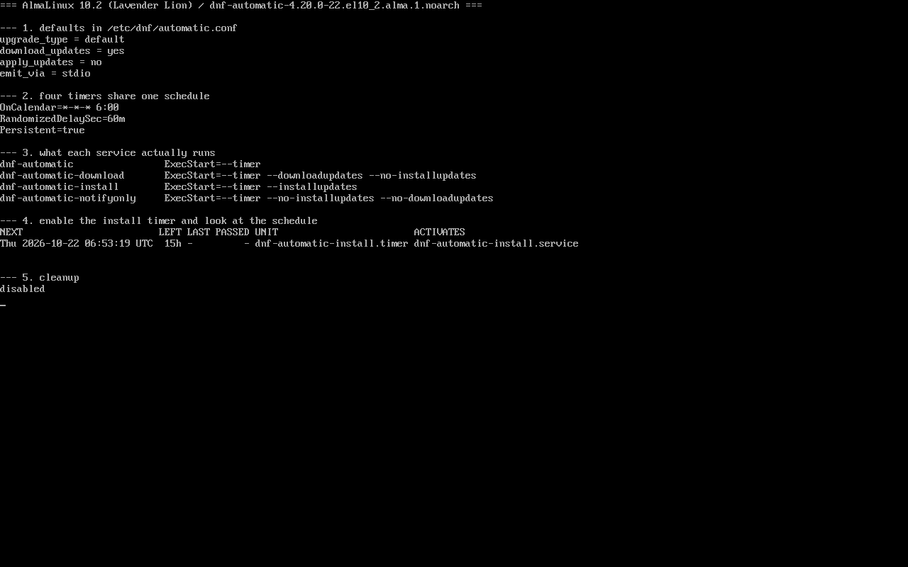 AlmaLinux 10.2:默认值、四个 timer、四个 ExecStart 与触发时间