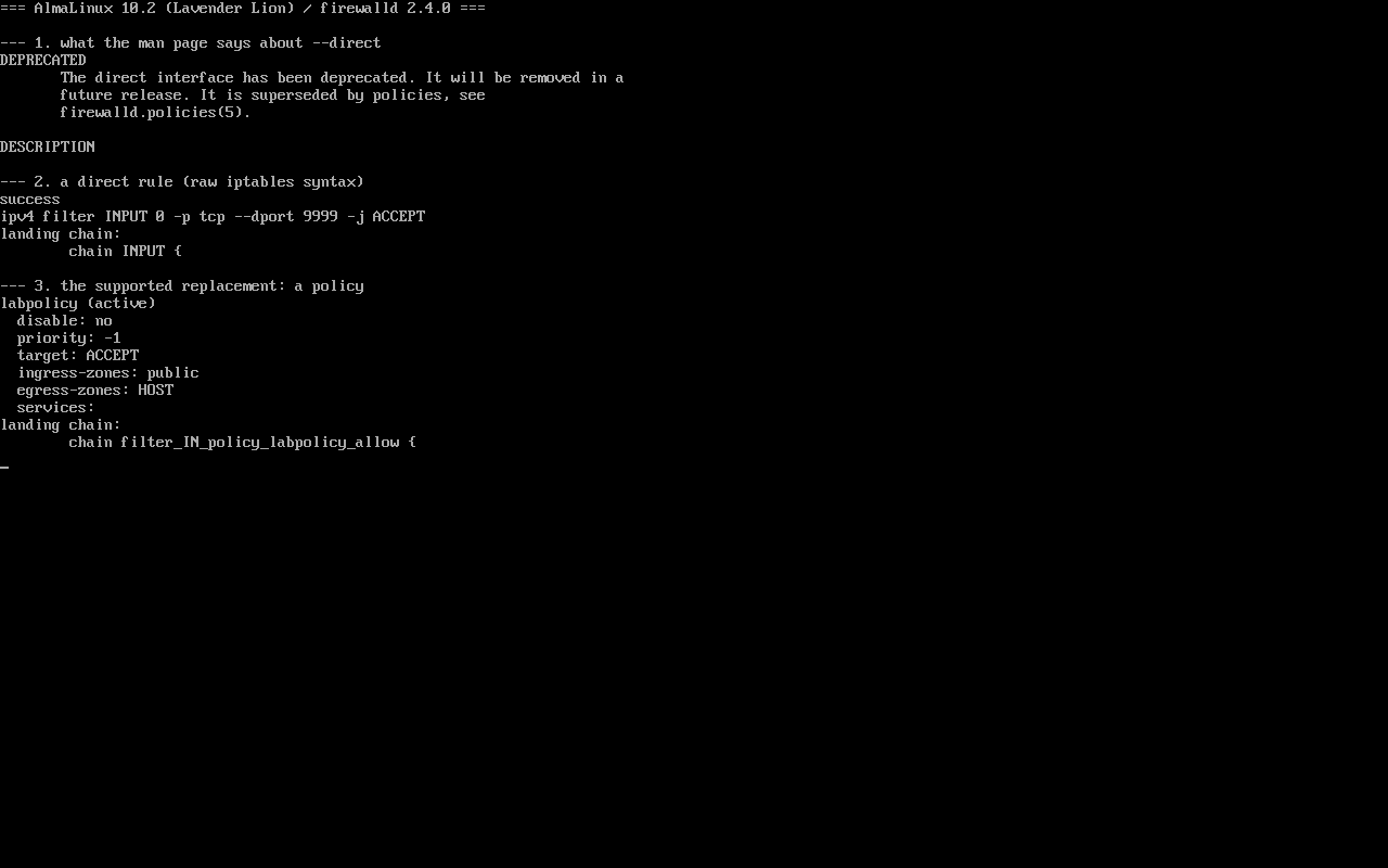 AlmaLinux 10.2：direct 落 chain INPUT，policy 落 filter_IN_policy_*_allow