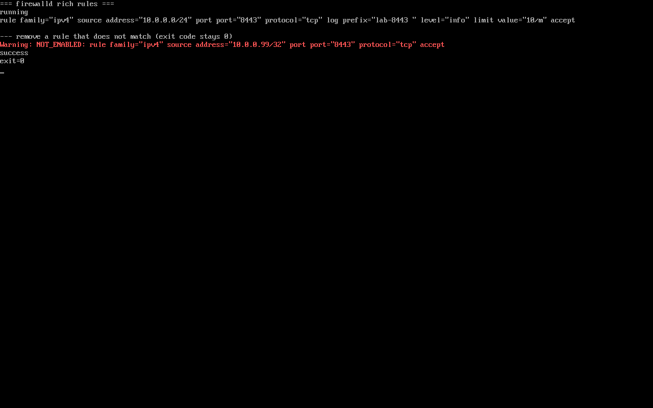AlmaLinux 10.2:list-rich-rules 输出,以及删不存在的规则仍打印 success、exit=0