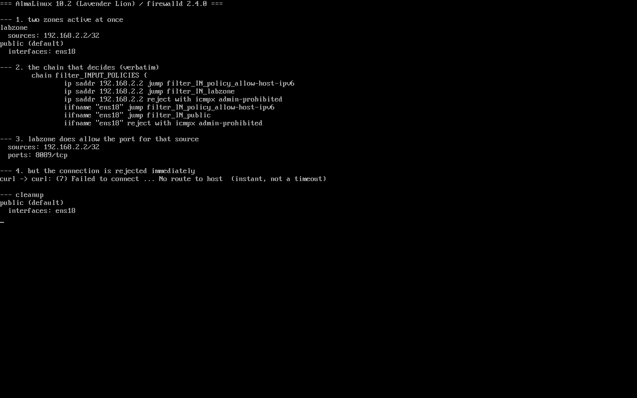 AlmaLinux 10.2：两个 zone 同时 active、内核匹配链与实测拒绝
