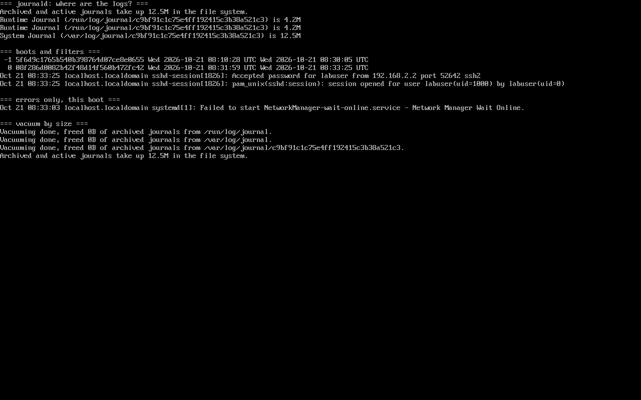 AlmaLinux 10.2：journalctl 输出，含 System Journal 与 Runtime Journal 两行