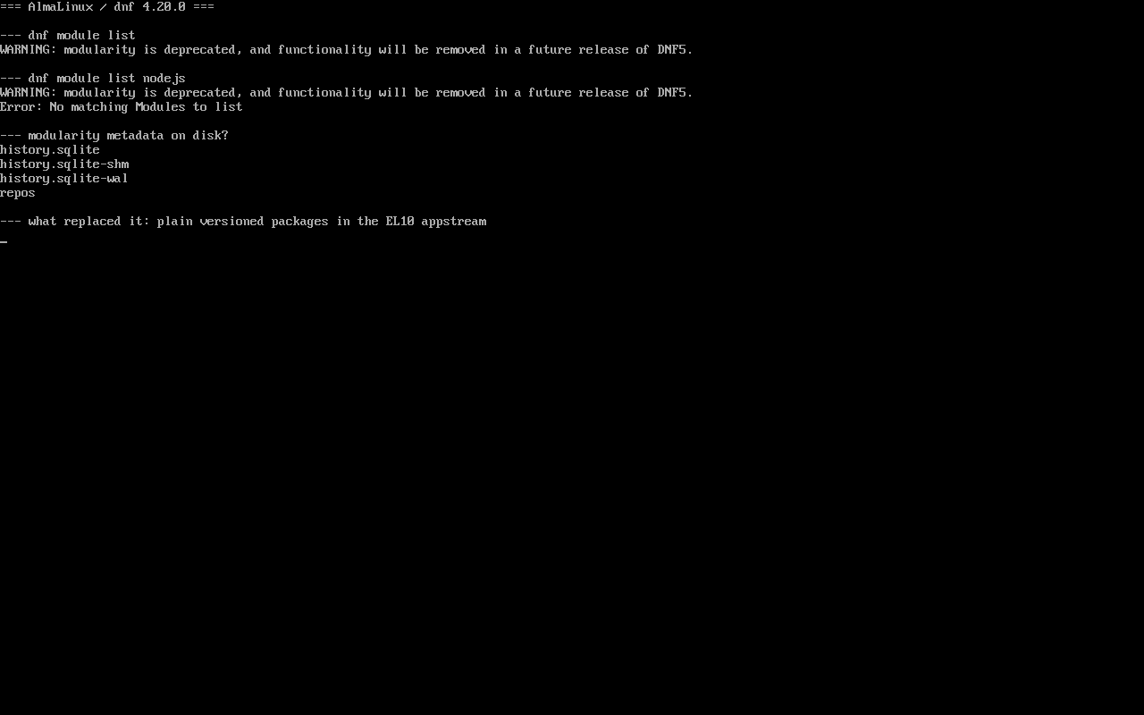 AlmaLinux 10.2：module list 无输出，module enable 报 missing modules