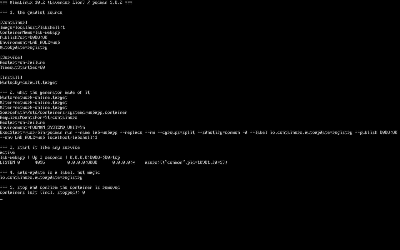 AlmaLinux 10.2：quadlet 源文件、生成单元与运行结果同屏