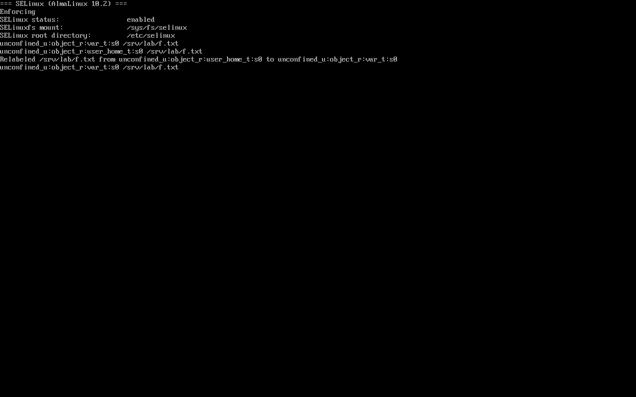 AlmaLinux 10.2：chcon 改标签后 restorecon 打回 var_t