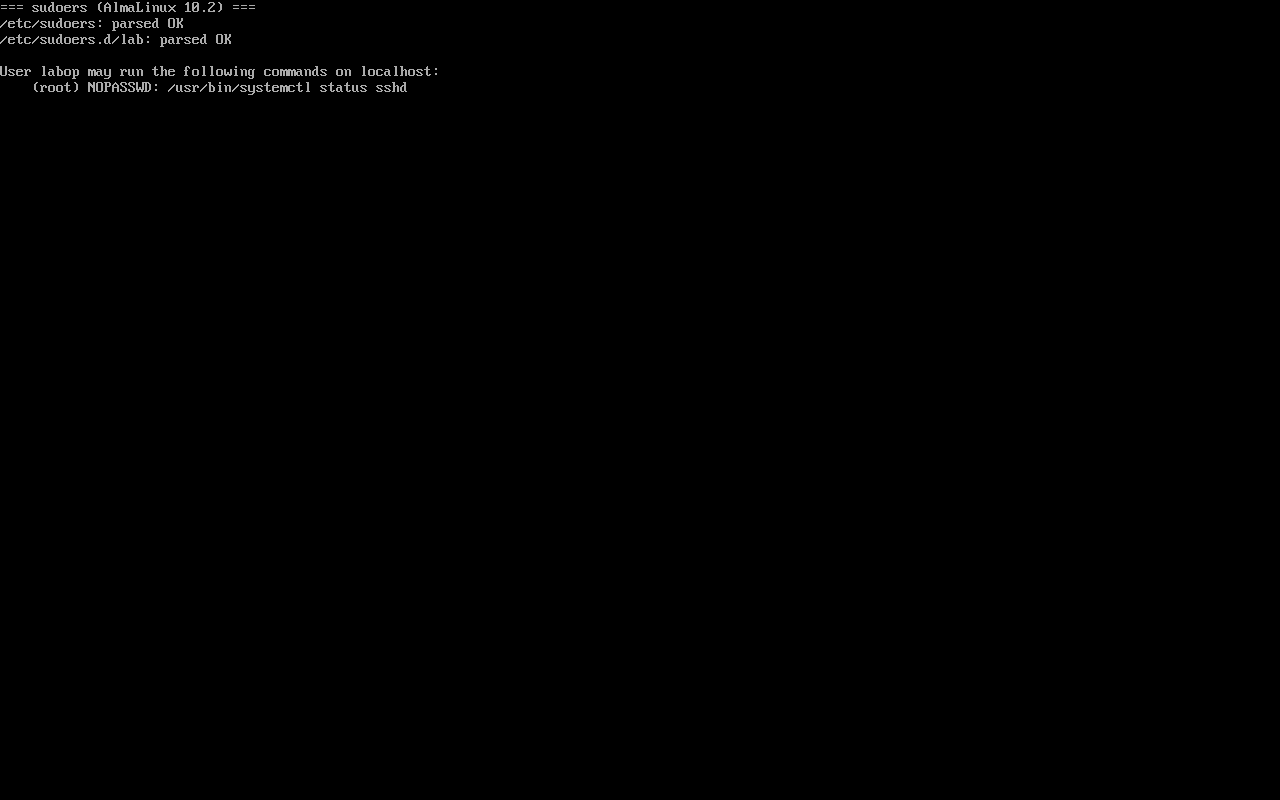 AlmaLinux 10.2：visudo -c 与 sudo -l -U 的输出